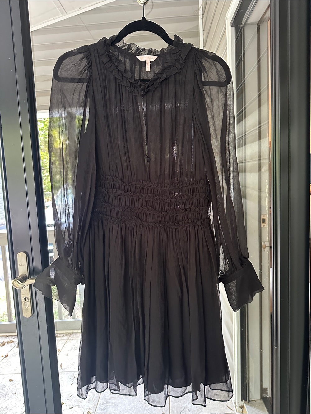 Rebecca Taylor Black Long-Sleeve Chiffon Ruffle-Neck Dress